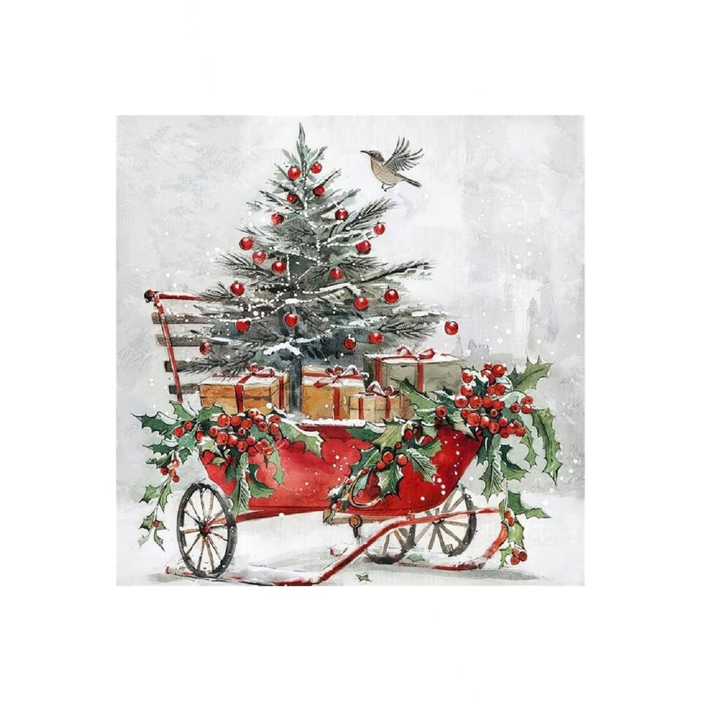 Rustic Christmas Tree & Gift Trolleys Unframed Canvas Wall Art  16" X 16"